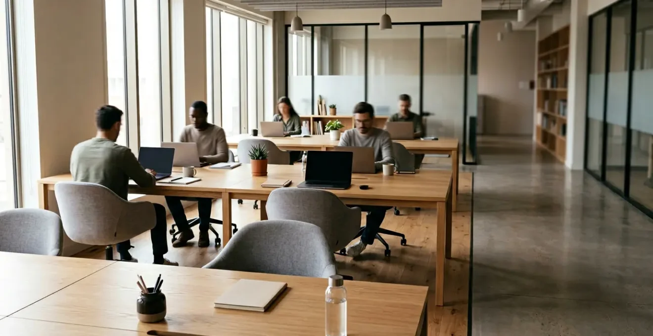 Espace de coworking moderne avec bureaux partagés et équipements professionnels sécurisés
