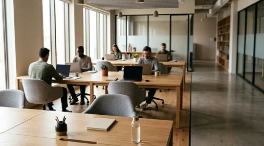 Espace de coworking moderne avec bureaux partagés et équipements professionnels sécurisés