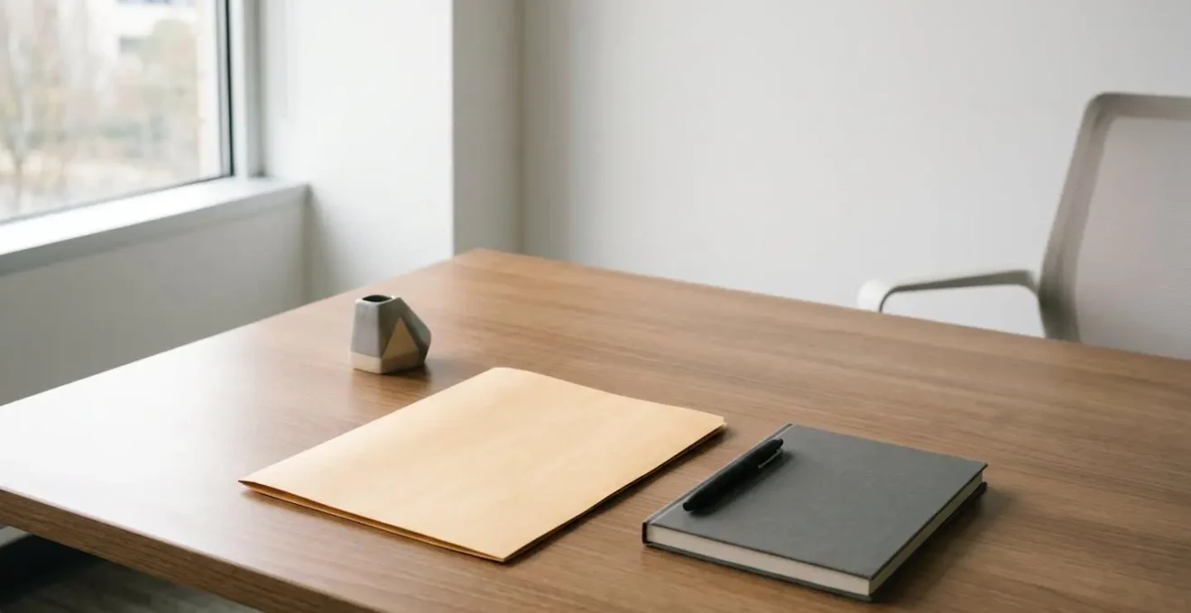 Scène de bureau minimaliste évoquant un processus de départ organisé et bienveillant avec documentation professionnelle