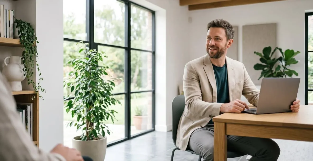 Entrepreneur en conversation vidéo professionnelle avec son conseiller bancaire, échange transparent dans un environnement de bureau lumineux