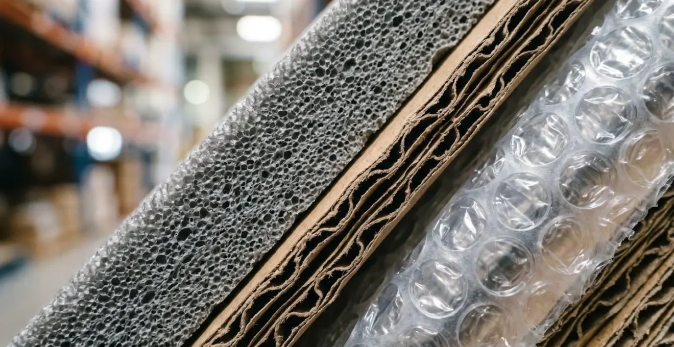 Vue macro detaillee d'un emballage professionnel avec materiaux de protection et texture anti-choc