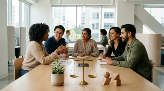 Scene professionnelle moderne symbolisant l'attraction de talents grace a l'epargne salariale et aux avantages sociaux