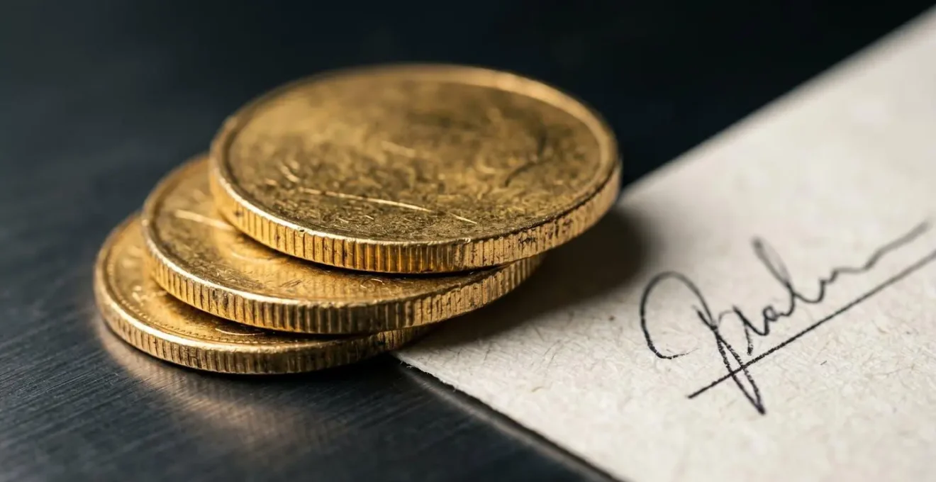 Vue macro détaillée de pièces d'or et documents contractuels sur surface minimaliste évoquant l'équilibre financier d'une négociation