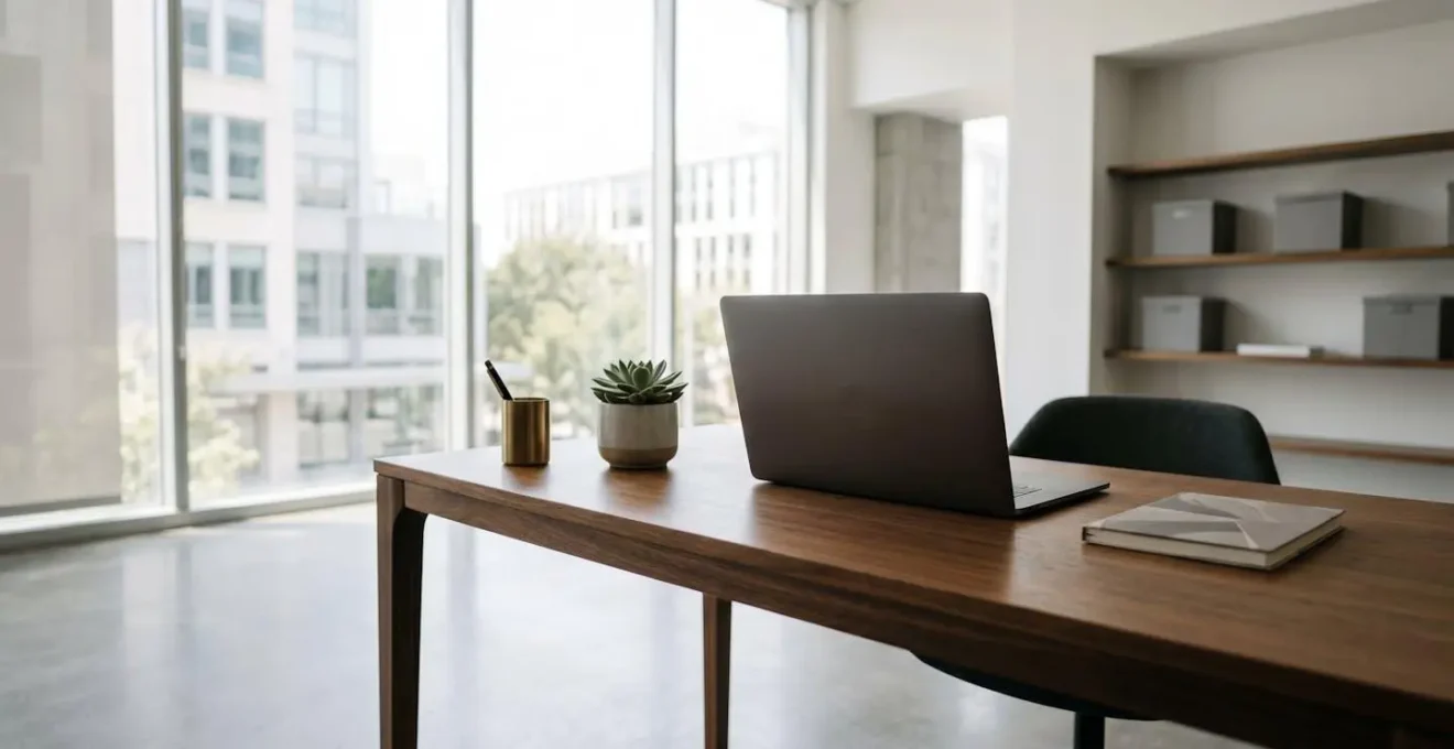 Environnement de bureau de dirigeant de PME avec documents administratifs et espace de réflexion