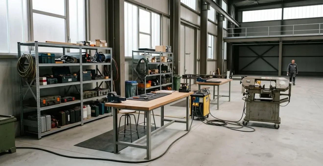Matériel professionnel loué temporairement dans un atelier de fortune pour maintenir l'activité après un sinistre