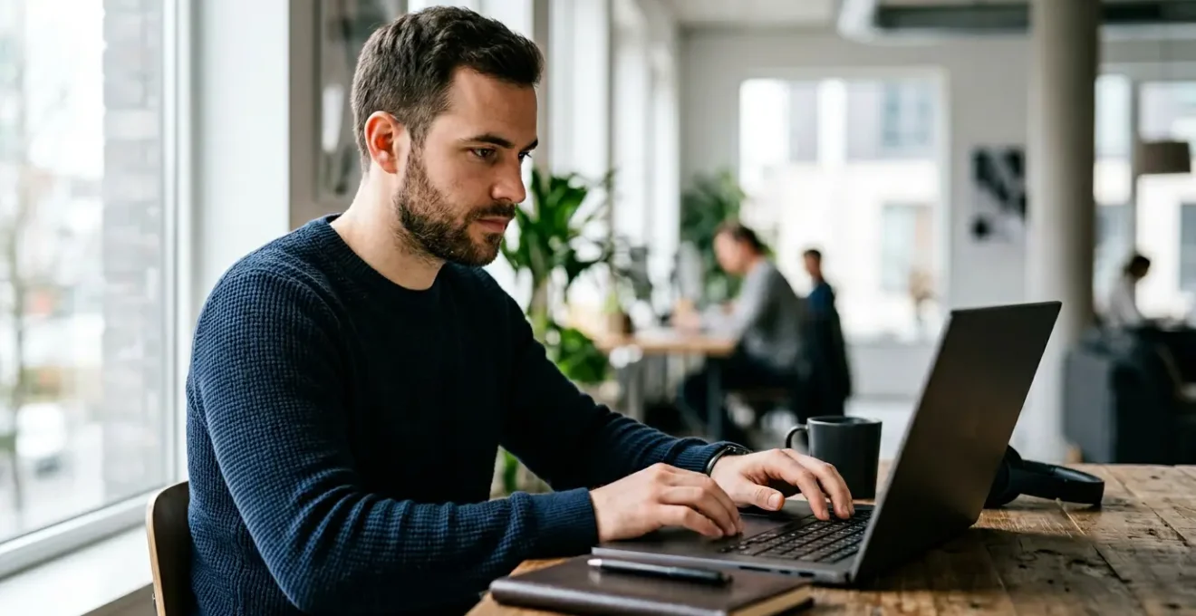 Freelance développeur concentré travaillant sur ordinateur portable dans un environnement professionnel moderne