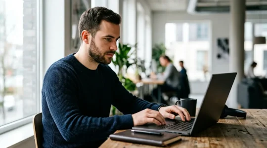Freelance développeur concentré travaillant sur ordinateur portable dans un environnement professionnel moderne