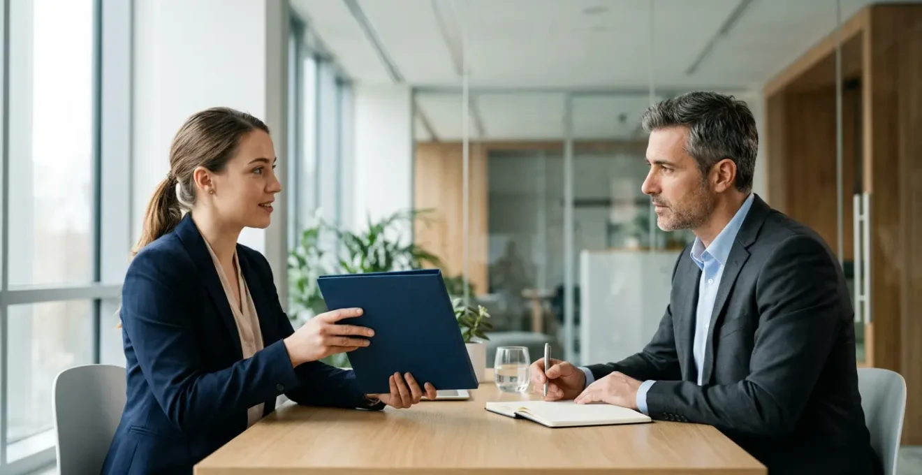 Jeune entrepreneur présentant son dossier de financement à un conseiller bancaire dans un bureau moderne