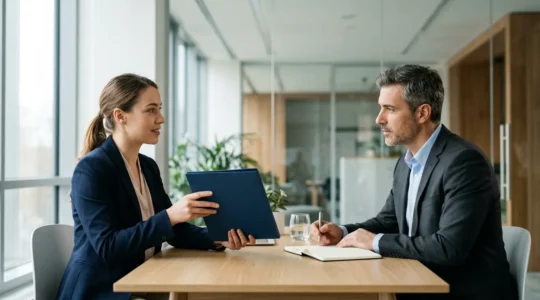 Jeune entrepreneur présentant son dossier de financement à un conseiller bancaire dans un bureau moderne