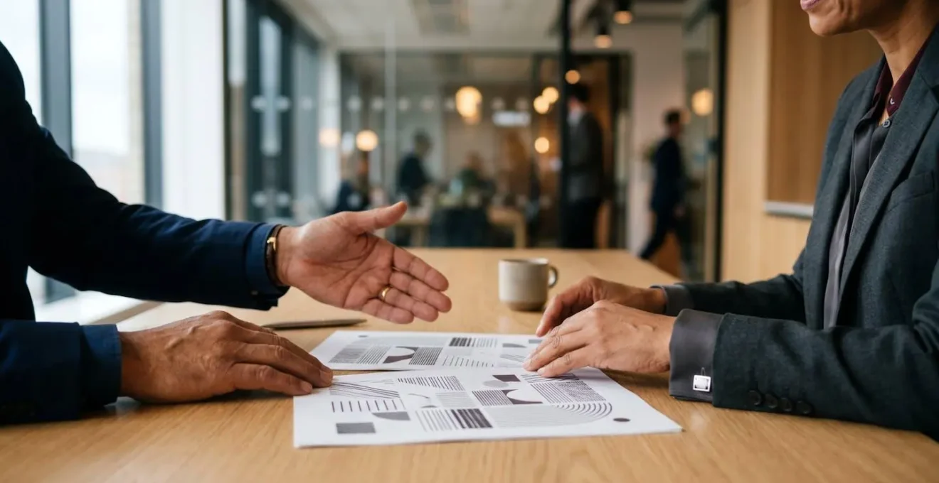 Scène professionnelle symbolisant la négociation de contrat entre partenaires commerciaux