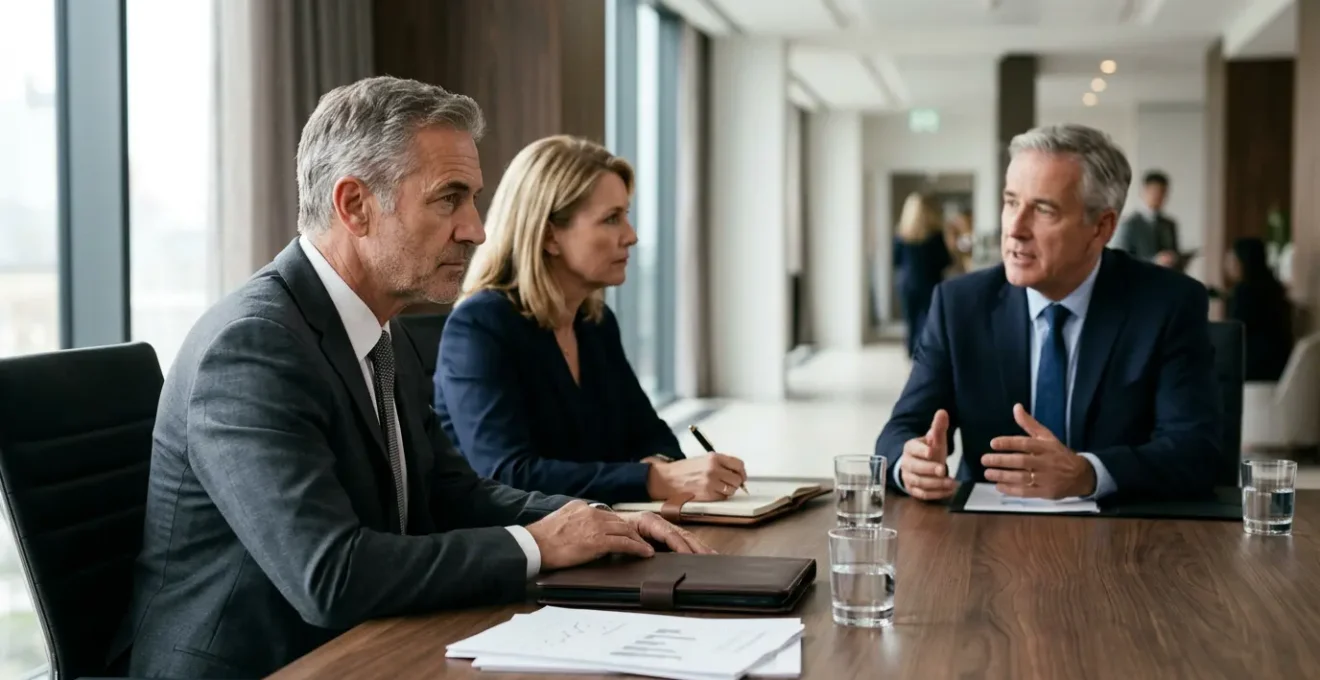 Discussion stratégique entre professionnels autour d'une table avec documents financiers et graphiques dans un bureau moderne