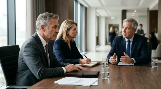 Discussion stratégique entre professionnels autour d'une table avec documents financiers et graphiques dans un bureau moderne