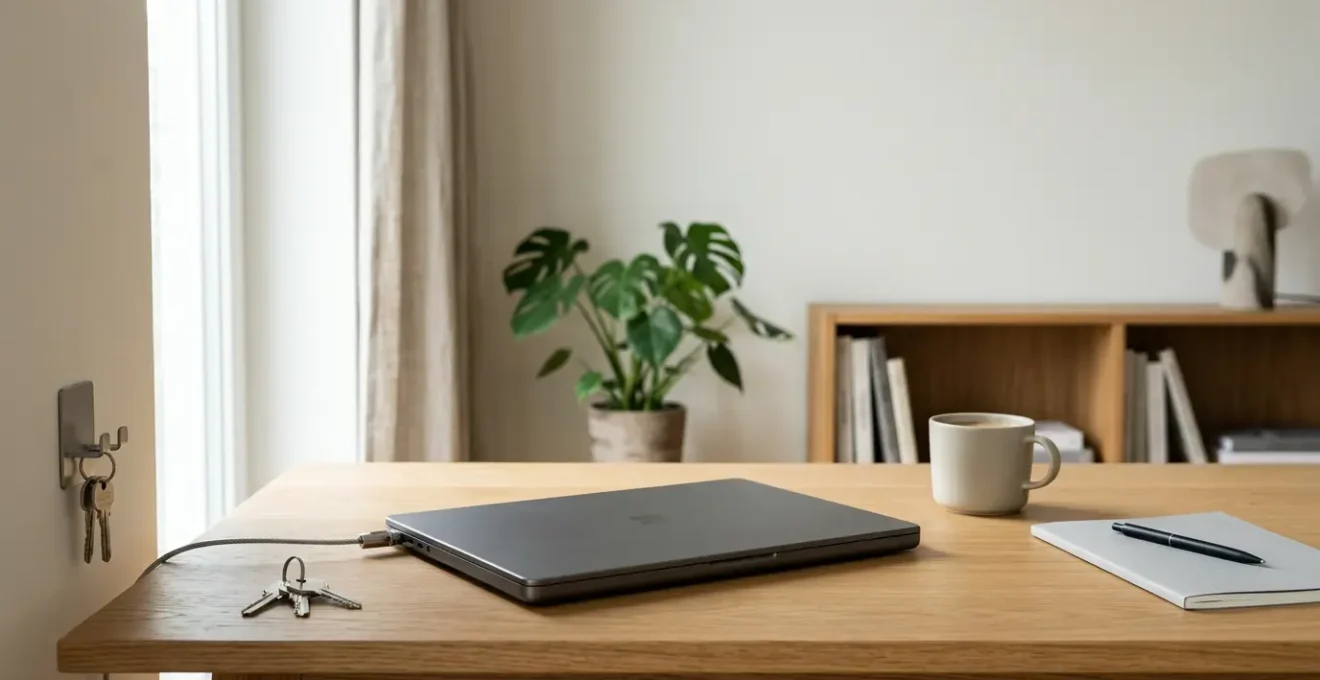 Ordinateur portable professionnel sur un bureau à domicile avec espace de travail sécurisé