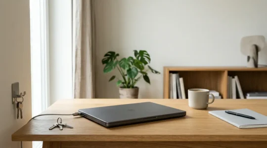 Ordinateur portable professionnel sur un bureau à domicile avec espace de travail sécurisé