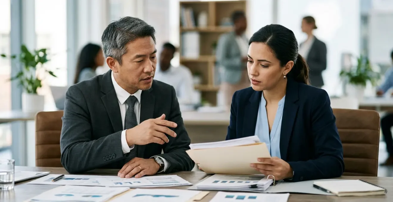 Expert d'assurance et chef d'entreprise analysant des documents financiers après un sinistre majeur pour calculer l'indemnisation perte d'exploitation