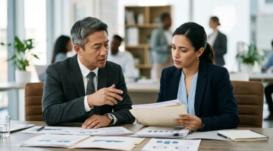 Expert d'assurance et chef d'entreprise analysant des documents financiers après un sinistre majeur pour calculer l'indemnisation perte d'exploitation