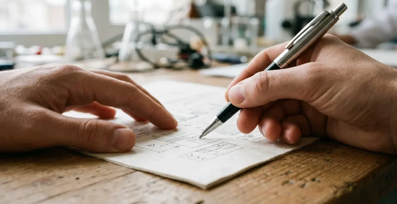 Scène illustrant la préparation rigoureuse d'un dossier scientifique avec documentation technique pour la R&D