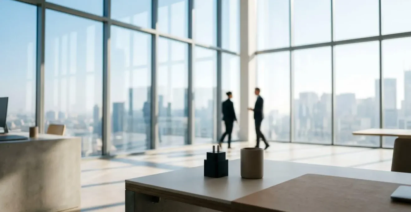 Scène d'entreprise avec silhouettes de dirigeants dans un environnement lumineux et sécurisé symbolisant la continuité d'activité