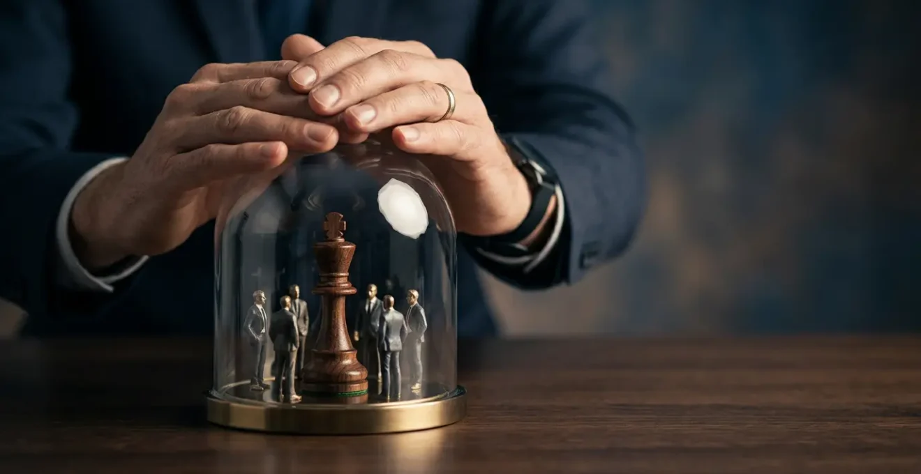 Représentation conceptuelle de la protection financière d'une entreprise face aux risques liés aux personnes clés