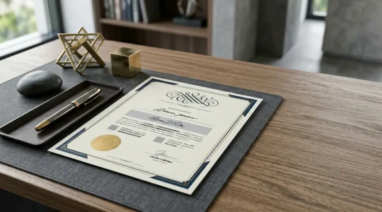 Photo professionnelle illustrant la relation d'affaires entre prestataire et grand compte avec des documents d'assurance