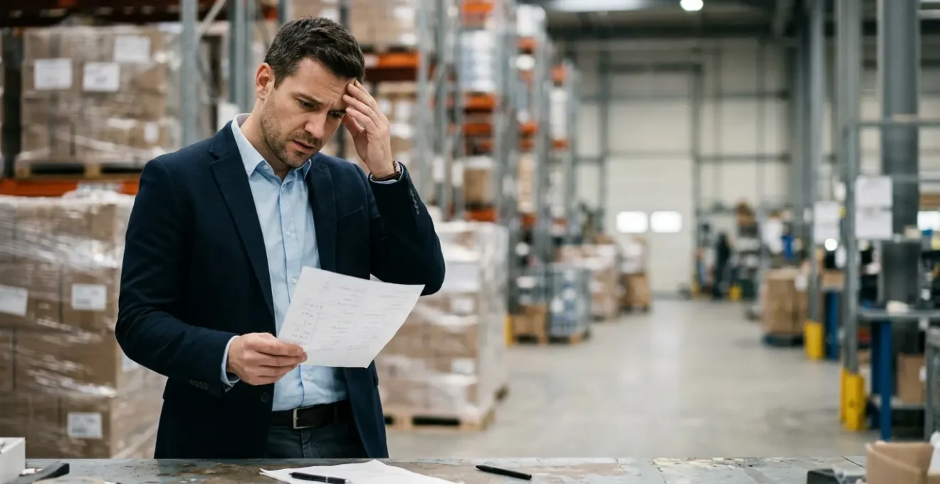 Professionnel de la logistique examinant un document de transport avec inquietude dans un environnement d'entrepot moderne