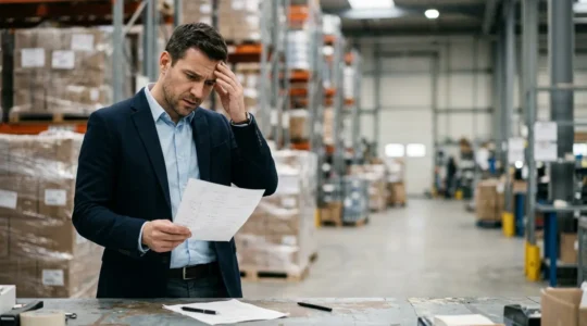 Professionnel de la logistique examinant un document de transport avec inquietude dans un environnement d'entrepot moderne