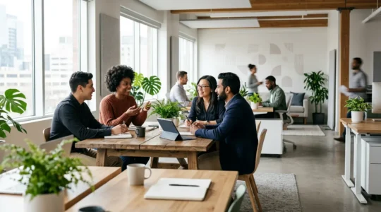 Environnement de travail moderne et positif illustrant la transformation de la mutuelle d'entreprise en avantage stratégique pour les ressources humaines