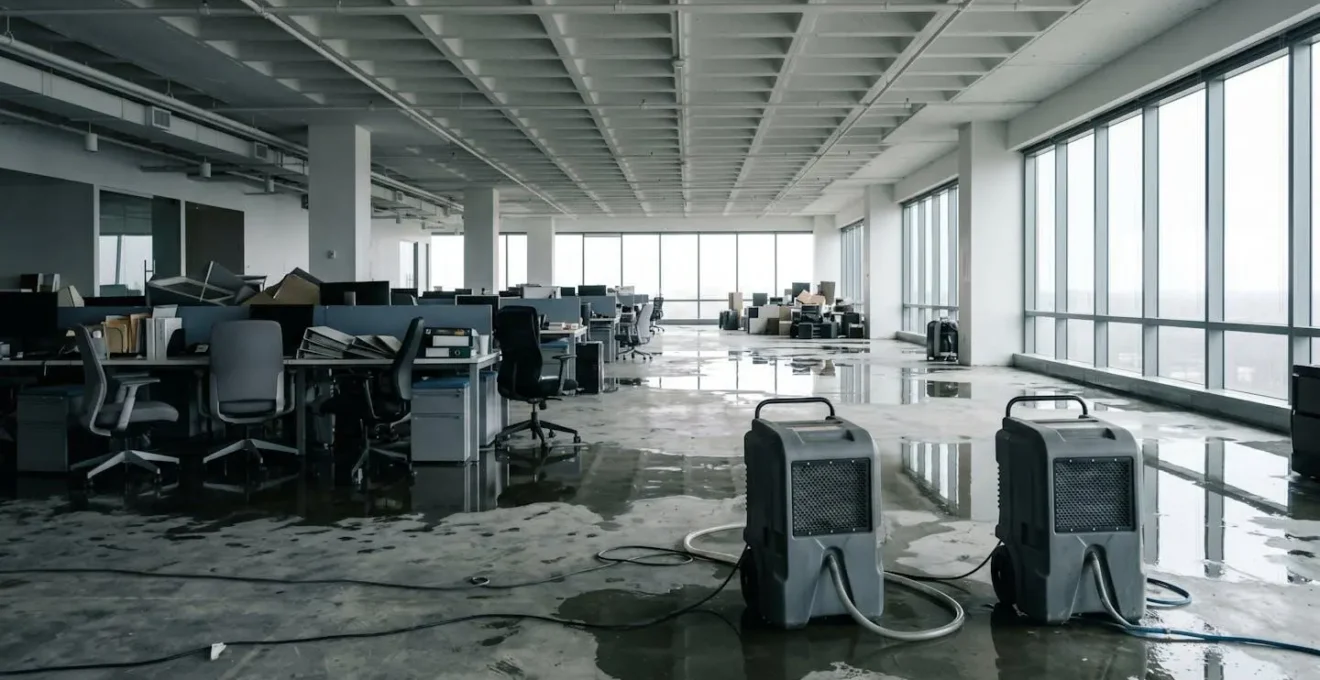 Espace de bureau professionnel touché par un dégât des eaux avec intervention d'urgence